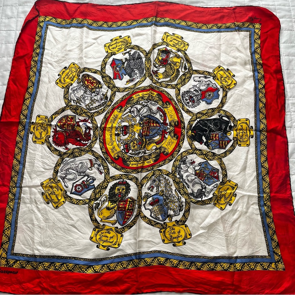 JACQMAR Silk Twill "The Queens Silver Jubilee” By Lesley King Scarf  Red 34.5x33